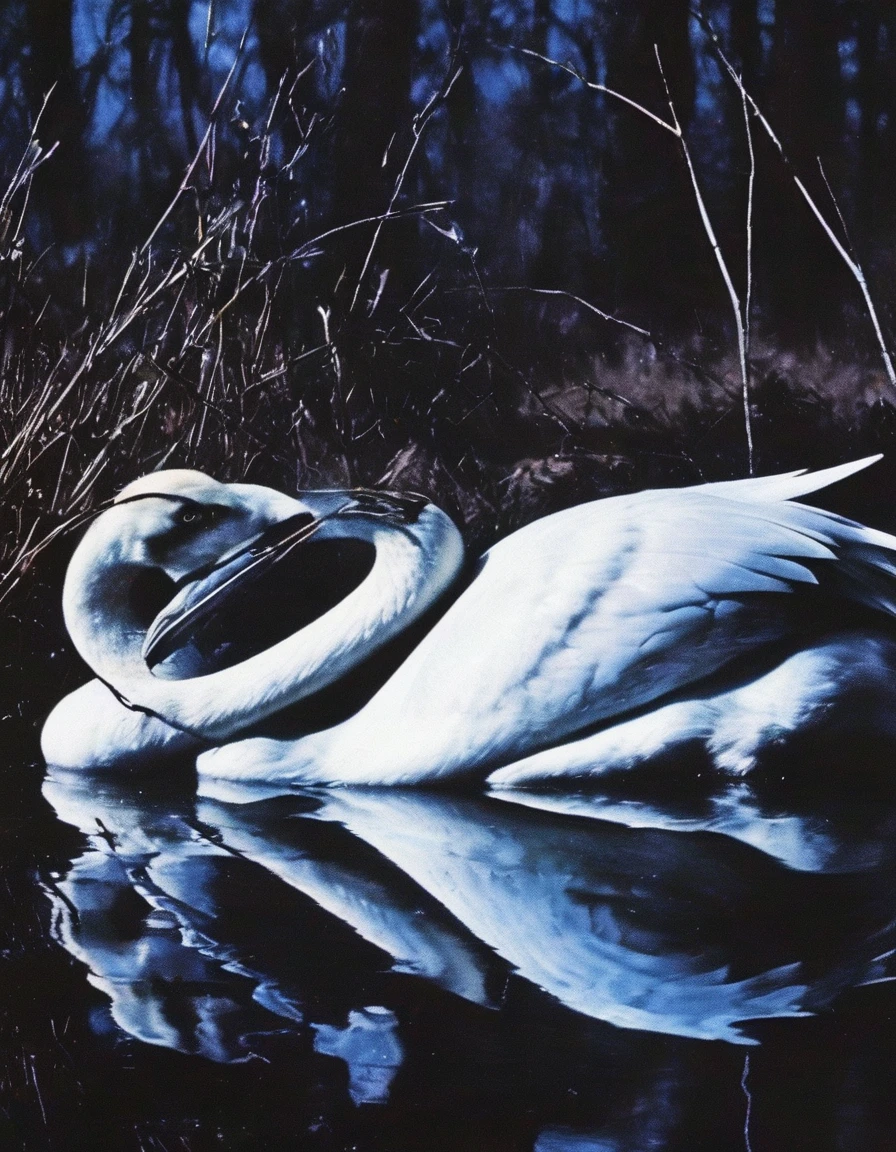film photography, vintage, close up photo of white swan in black water, blue dark forest night background