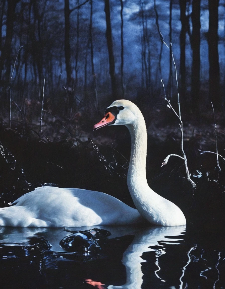 film photography, vintage, close up photo of white swan in black water, blue dark forest night background
