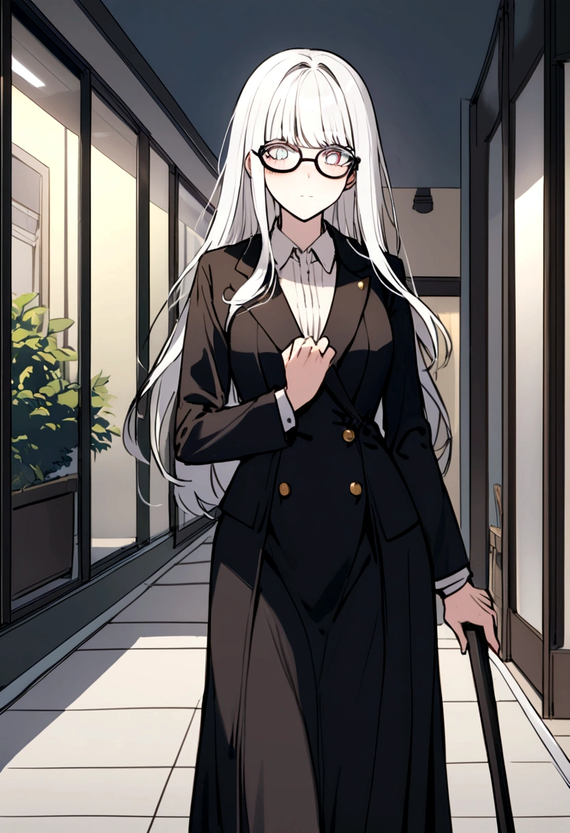 a blind woman with white pupils and holding a cane to walk
