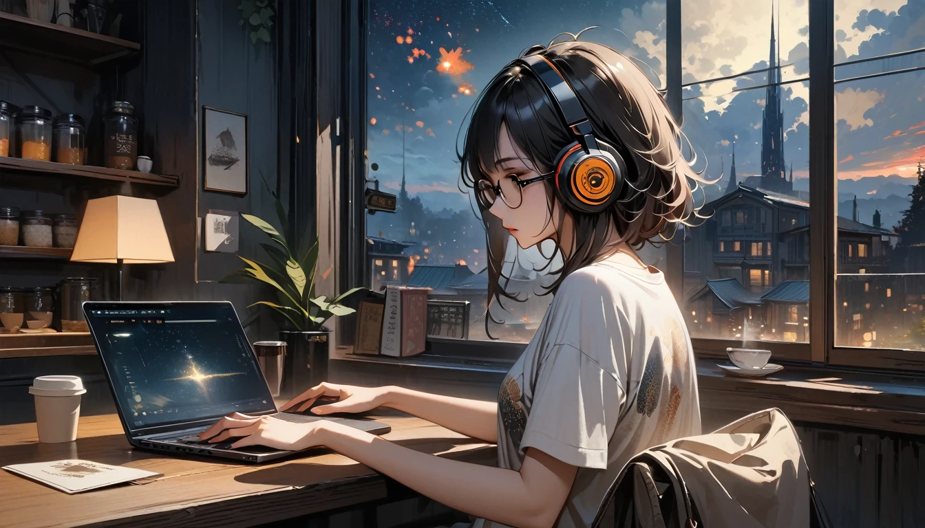 (((from behind))), ((8k of extremely detailed CG unit, Masterpiece, high resolution, highest quality, highest quality real texture skin)), (((indirect lighting))),  (((Cafe with a calm atmosphere))), (((Big window with night sky))), (((Japanese style headphones,Glasses))), ((１One Coffee)),  ((1 girl)), ((laptop)), (Japanese pattern T-shirt, denim), (Black hair, messy hair, beige skin), (surreal, digital painting)
