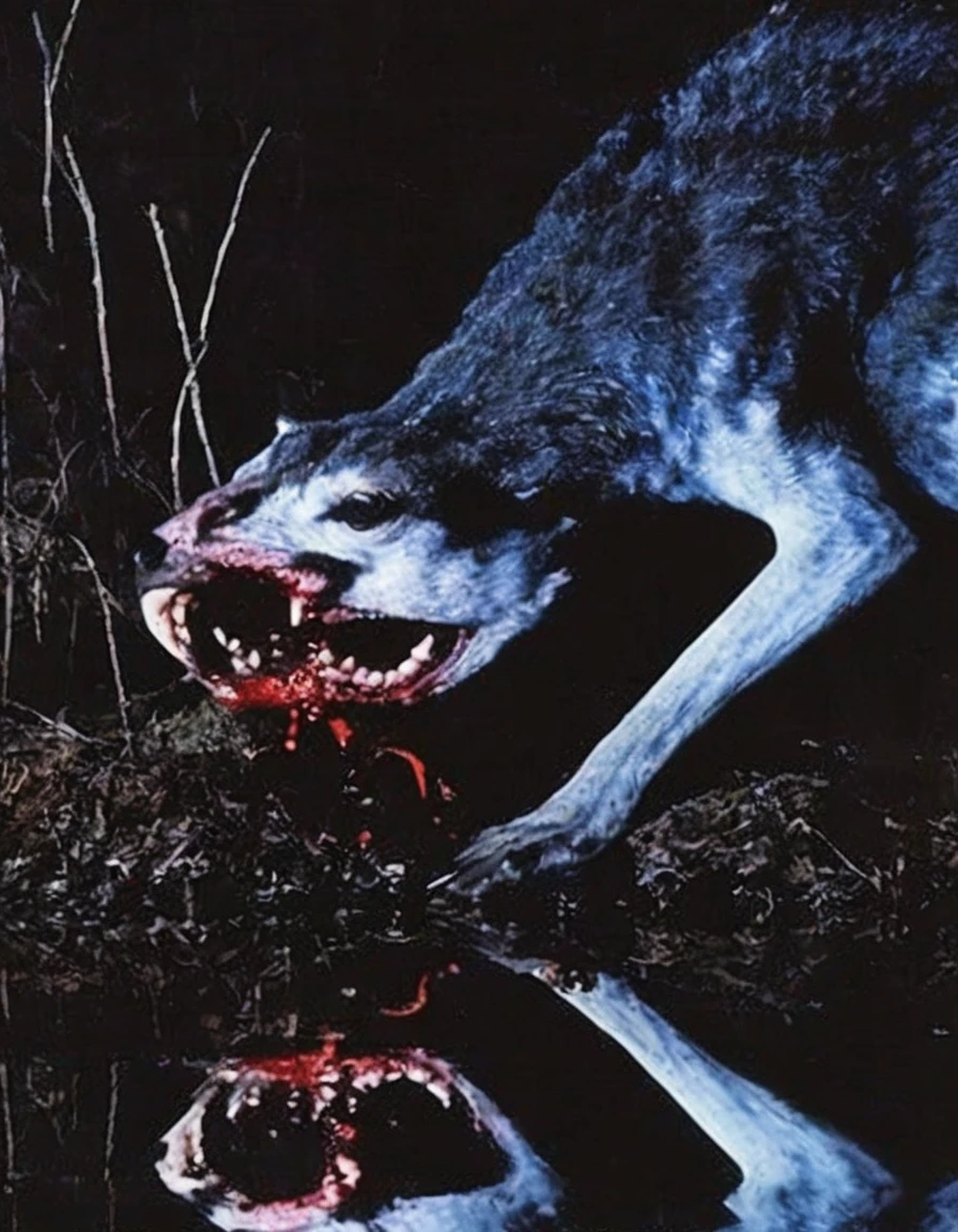 film photography, vintage, close up photo of black filth eating white swan covered in blood in black water, blue dark forest night background