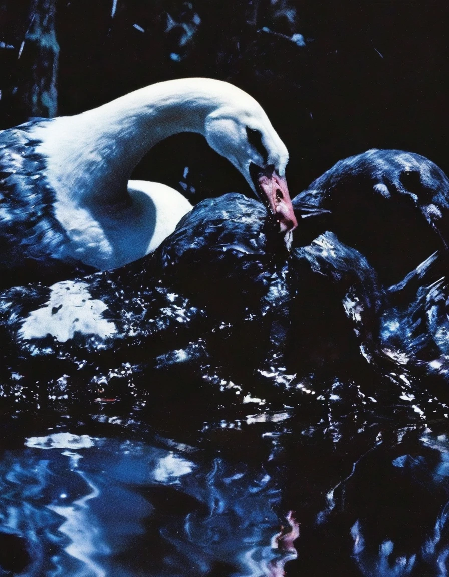 film photography, vintage, close up photo of black filth eating white swan covered in blood in black water, blue dark forest night background