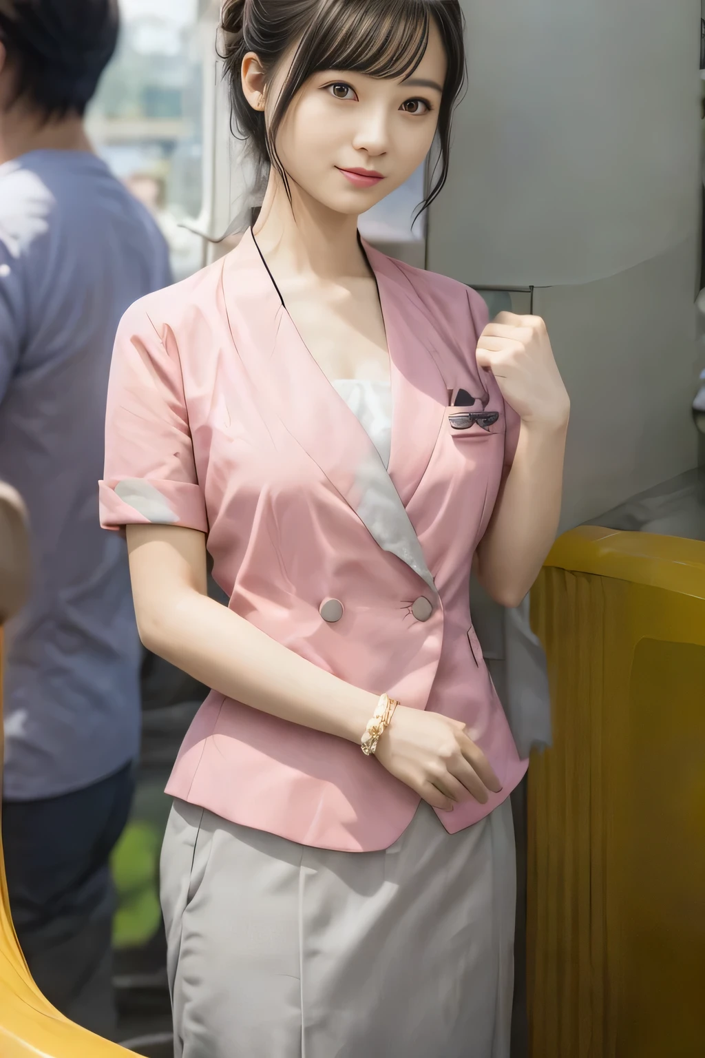 (masterpiece:1.2, Highest quality:1.2), 32k HDR, High resolution, (alone、1 girl)、（On the rooftop of a building in the daytime、Professional Lighting）、Building rooftop background、（Nankai train crew uniform pinkを着たリアルスタイル）、（Nankai train crew uniform pink short sleeve collarless pink jacket、Nankai Train Crew Uniform Pink Collarless Short Sleeve Blouse、Nankai Train Crew Uniform Pink Grey Knee-length Culottes）、（（The bottom of the pink short-sleeved jacket cannot be tucked into the clay-colored culottes.））、Dark brown hair、（Hair tied up、Hair Bun、Hair Bun）、Dark brown hair、Long Shot、Big Breasts、Thin legs、（（Great hands：2.0）），（（Harmonious body proportions：1.5）），（（Normal limbs：2.0）），（（Normal finger：2.0）），（（Delicate eyes：2.0）），（（Normal eyes：2.0））)、（Nankai Train Crew Uniform Pink Grey Knee-length Culottesを見せた美しい立ち姿）、smile