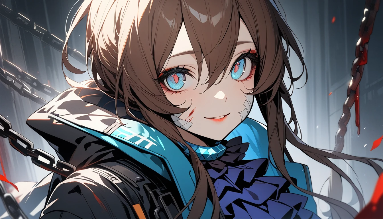 1girl, detailed facial features, beautiful detailed eyes, beautiful detailed lips, extremely detailed face, long eyelashes, amiya from arknights, arknights, blood, bandages, chains, slim belly, smiling, 4k wallpaper, looking at viewer, sharp focus, (best quality:1.3), (masterpiece:1.5), (highly detailed)