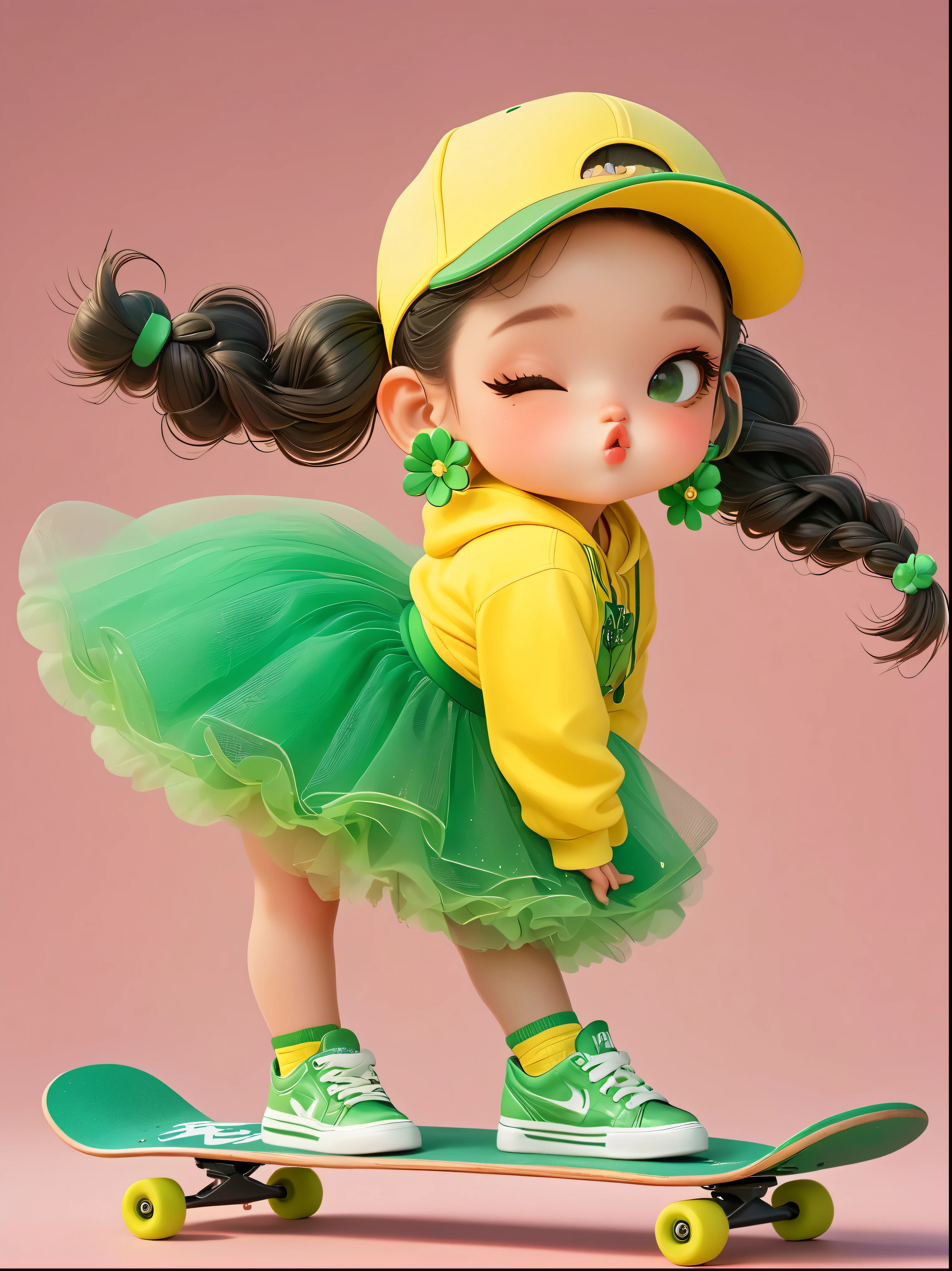 1 girl, Wearing a bright greenish-yellow baseball uniform., Tulle skirt with green sequins, green baseball cap, Double bow and flower earrings, green sneakers, adopt a playful pose, standing on a skateboard, (close one eye:1.3), green eyes, cute ears, Pouting cute little mouth, slight blush, proud, cartoon style, full body shot, plain white background, Created with C4D and Blender, Blind Box Toy Styles, super detail, anatomically correct, Masterpiece, necessary