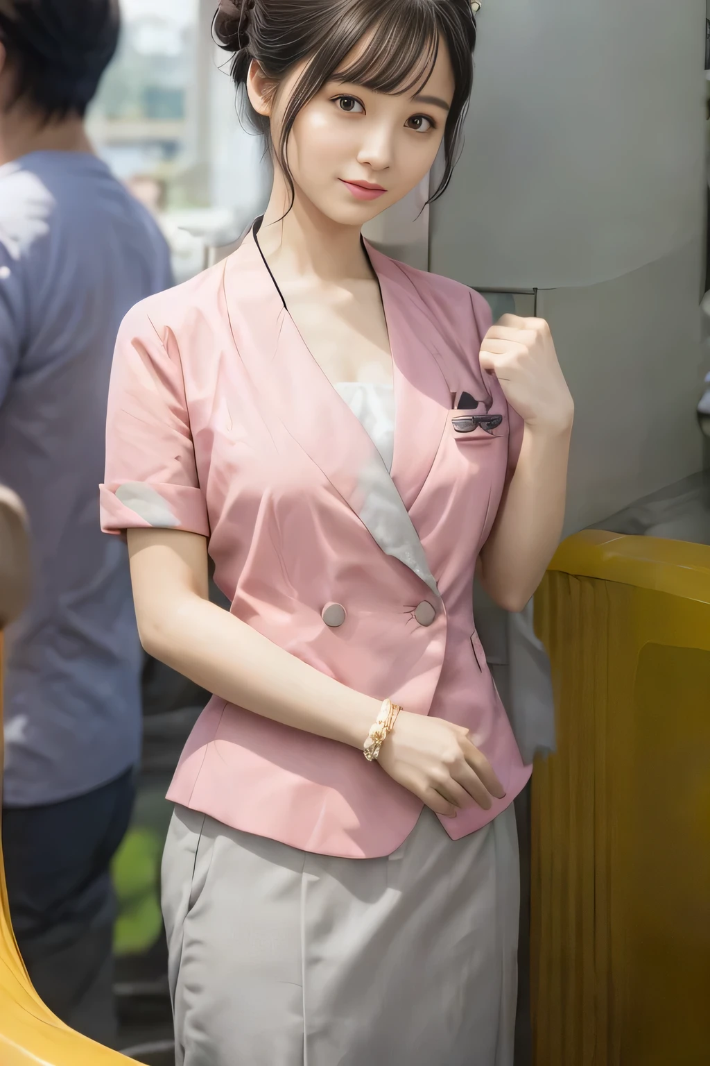 (masterpiece:1.2, Highest quality:1.2), 32k HDR, High resolution, (alone、1 girl)、(On the rooftop of a building in the daytime、Professional Lighting)、Building rooftop background、(Nankai train crew uniform pinkを着たリアルスタイル)、(Nankai train crew uniform pink short sleeve collarless pink jacket、Nankai Train Crew Uniform Pink Collarless Short Sleeve Blouse、Nankai Train Crew Uniform Pink Grey Knee-length Culottes)、((The bottom of the pink short-sleeved jacket cannot be tucked into the clay-colored culottes.))、Dark brown hair、(Hair tied up、Hair Bun、Hair Bun)、Dark brown hair、Long Shot、Big Breasts、Thin legs、((Great hands:2.0)),((Harmonious body proportions:1.5)),((Normal limbs:2.0)),((Normal finger:2.0)),((Delicate eyes:2.0)),((Normal eyes:2.0)))、(Nankai Train Crew Uniform Pink Grey Knee-length Culottesを見せた美しい立ち姿)、smile