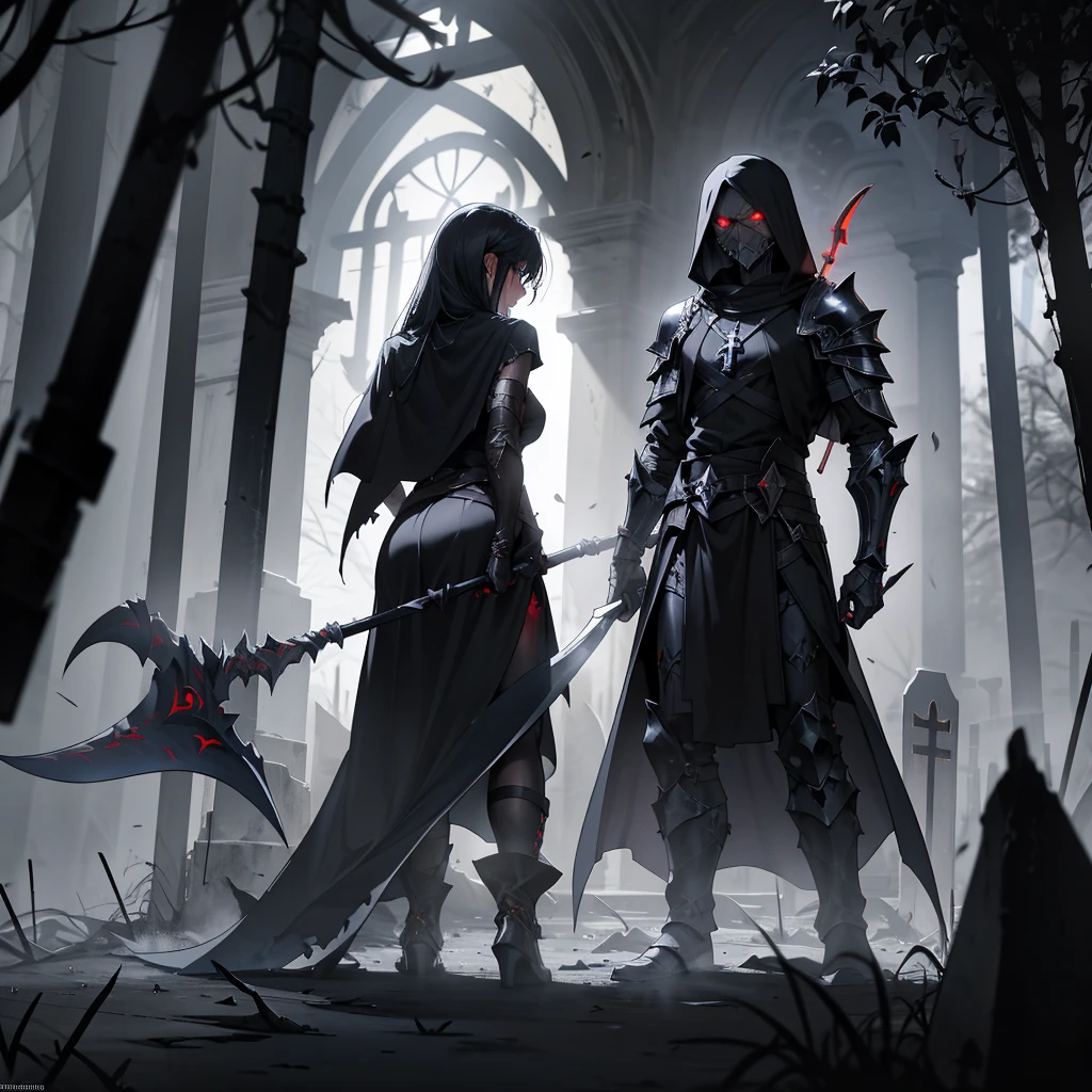 Envision a medieval fantasy setting where a demonic scythe stands ominously in the center of a dark, abandoned crypt. The scythe’s handle is forged from a twisted, dark metal, etched with glowing, infernal runes that pulse with a sinister crimson light. The long, curved blade gleams with an otherworldly sharpness, dripping with an eerie, shadowy mist that hints at its cursed nature. Surrounding the scythe are remnants of ancient battles: shattered bones, rusted armor, and decayed banners, all testifying to the weapon’s deadly history. The crypt is dimly lit by flickering torches, casting dancing shadows that seem to move with a life of their own. Capture the essence of fear and dark power in this scene, where the demonic scythe exudes an aura of malevolence and awaits a dark soul to wield its immense, destructive power."