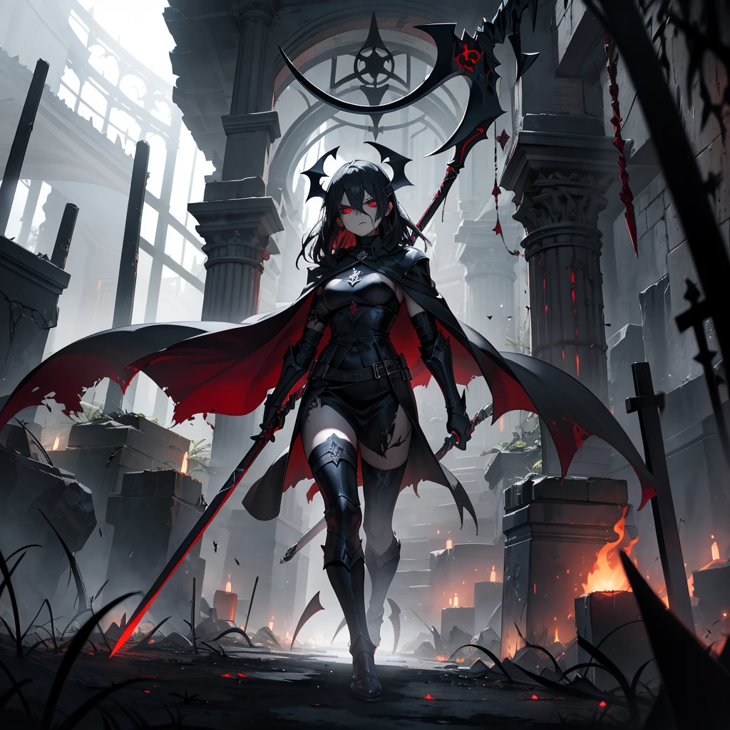 Envision a medieval fantasy setting where a demonic scythe stands ominously in the center of a dark, abandoned crypt. The scythe’s handle is forged from a twisted, dark metal, etched with glowing, infernal runes that pulse with a sinister crimson light. The long, curved blade gleams with an otherworldly sharpness, dripping with an eerie, shadowy mist that hints at its cursed nature. Surrounding the scythe are remnants of ancient battles: shattered bones, rusted armor, and decayed banners, all testifying to the weapon’s deadly history. The crypt is dimly lit by flickering torches, casting dancing shadows that seem to move with a life of their own. Capture the essence of fear and dark power in this scene, where the demonic scythe exudes an aura of malevolence and awaits a dark soul to wield its immense, destructive power."