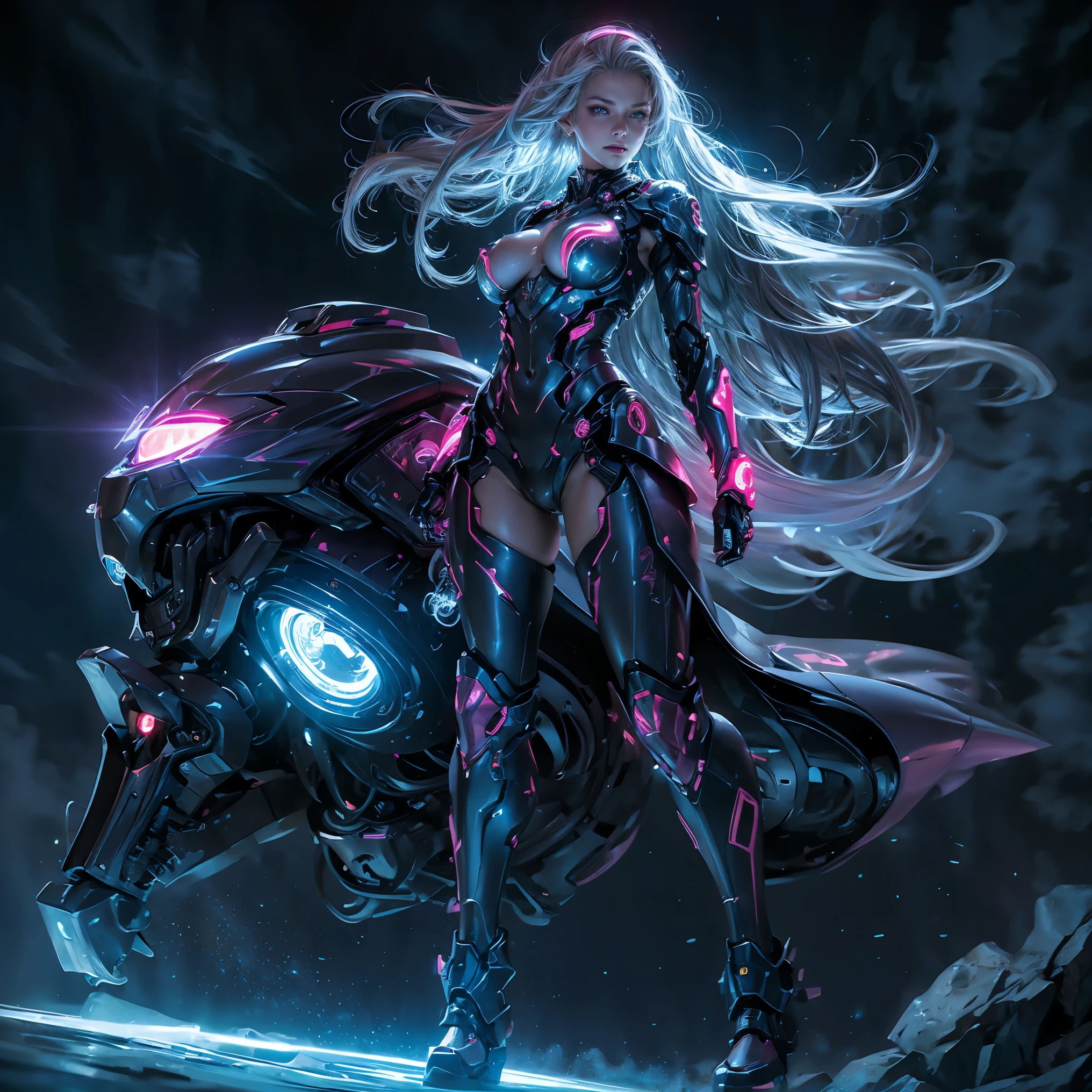 masterpiece, best quality, 1girl, ives , Mecha, beautiful lighting, (Neon light: 1.2), (night: 1.5), "masterpiece, best quality, 1girl, full body portrait, sensual pose, blue eyes, multicolored+silver hair:1.3+red:1.2+purple+yellow:1.3+green:1.3, sculpted legs and tempting curves, full breasts, pretty face, lots of water drops, cloud, Twilight, open shot, Watercolor, Neon light: 1.2, night:1.5, Mecha, beautiful lighting, bright neon light: 1.2, unforgettable mysterious night: 1.5"