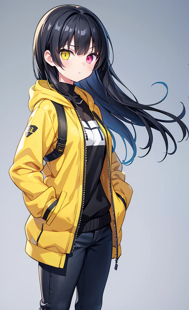 A girl, yellow jacket, hands in pockets, staring at another person, long black hair, heterochromic eyes, heterochromic eyes, heterochromic pupils, 8k resolution, very detailed, anatomically correct, digital painting, concept art, Makoto Shinkai style, clear picture,  