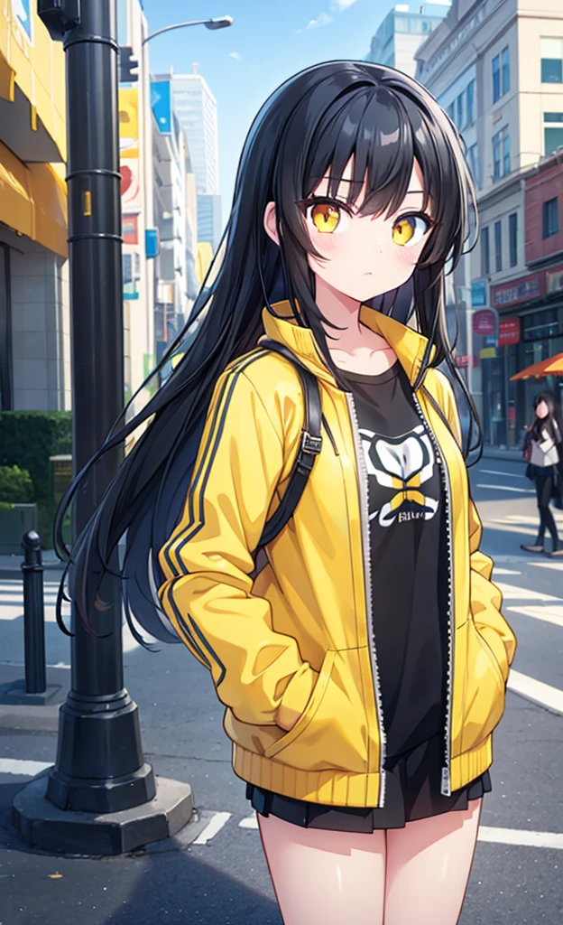 A girl, yellow jacket, hands in pockets, staring at another person, long black hair, heterochromic eyes, heterochromic eyes, heterochromic pupils, 8k resolution, very detailed, anatomically correct, digital painting, concept art, Makoto Shinkai style, clear picture,  