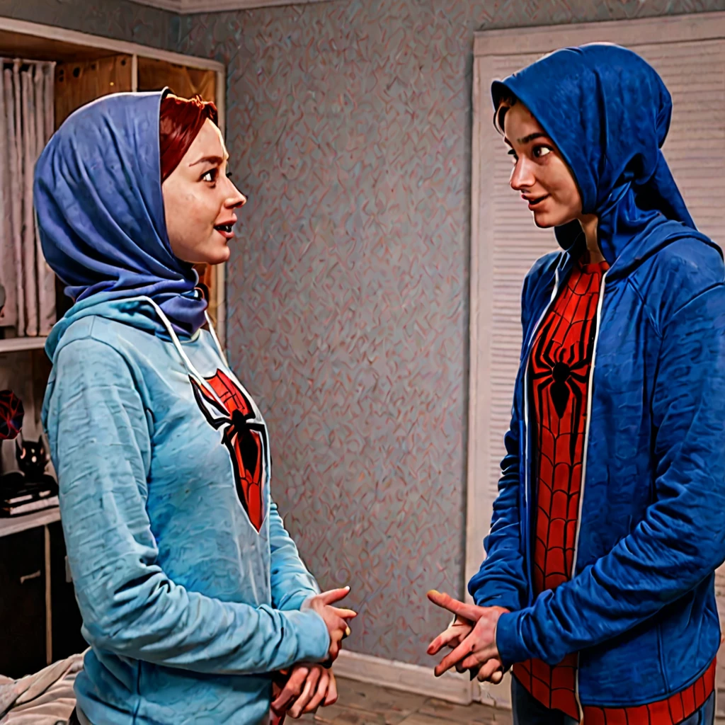 Pale skin Woman in straight hijab blue sweatshirt talking with marvel spiderman Peter Parker in young room night 