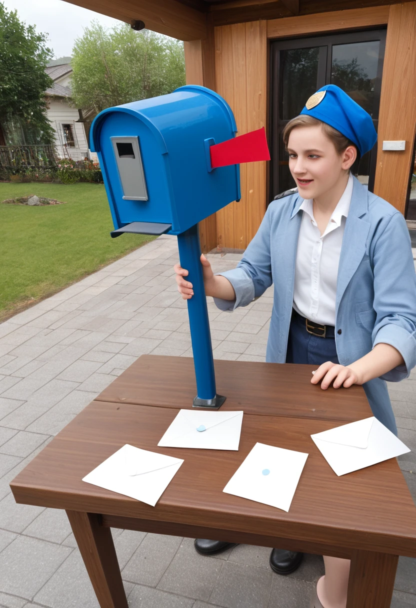 There is a blue mailbox in the background, and there is a letter with blessings on the table. The letter stands upright on the table.