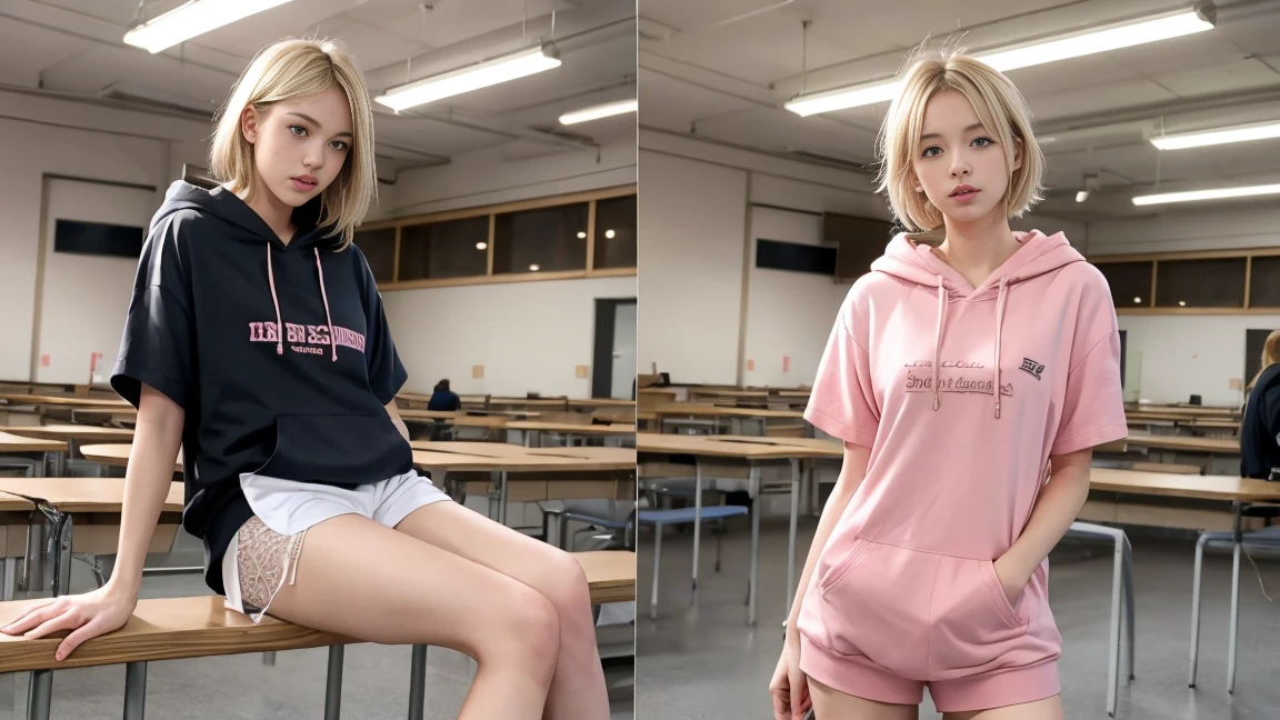 deux femmes blonde ensemble de 18 ans sexy et mince , pink short sleeve hoodie , salle de classe, se touche,position sey,sensuel