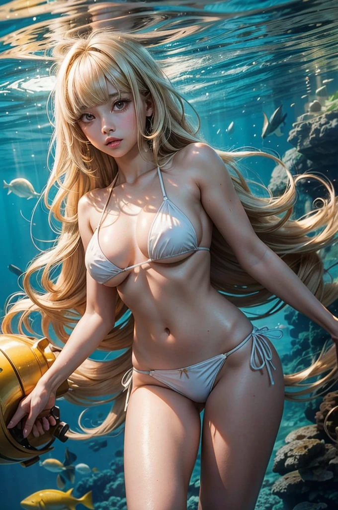 1girl, pretty face, blunt bangs, Long hair, drill hair, twin drills, blonde hair, shiny hair, glow eyes, jitome, brown eyes, tsurime, white skin, huge breasts, Short body, White Very small bikini, micro bikini, see-through, Under the sea