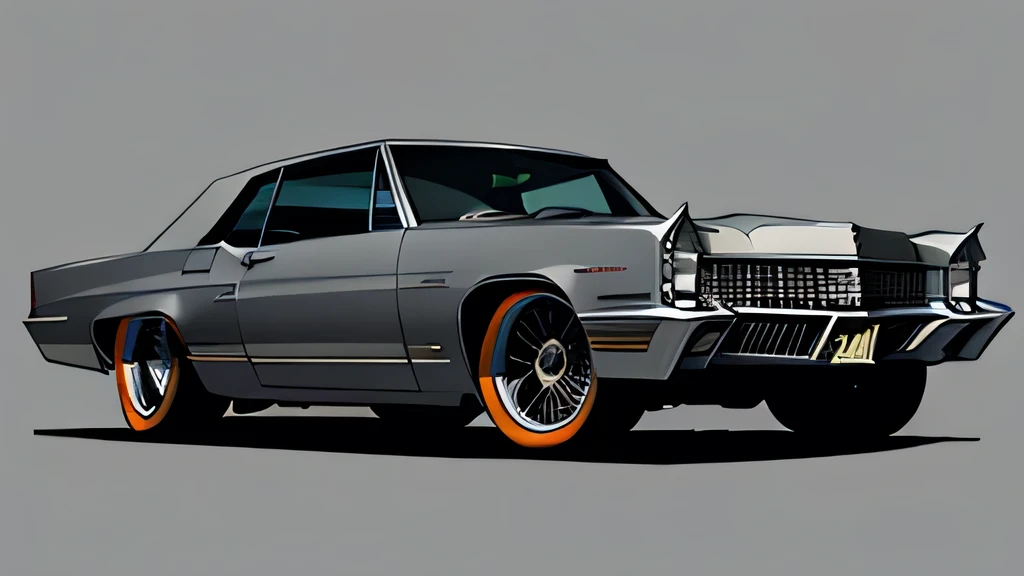 Dark grey colored 1967 cadillac deville coupe, 2 door, pop art, cartoonish style , sketch, detailed illustration, slammed to the ground, large black staggered wheels, wide bodykit, masterpiece, highly detailed ((([simple grey background])))
