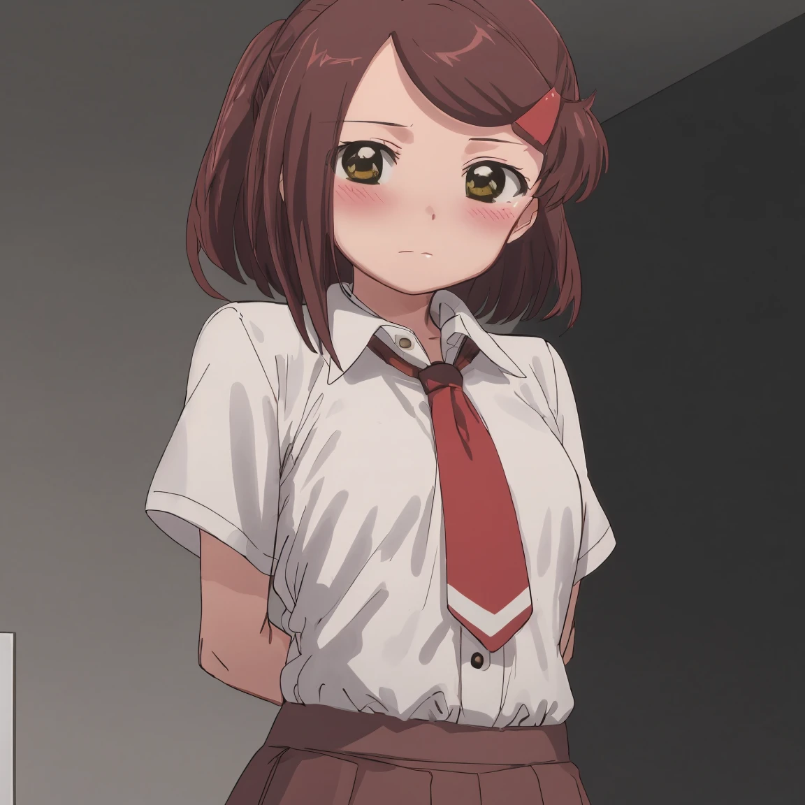 1girl, (suminoe_ako:1.3), standing, solo, blush, upper body, closed mouth, skirt, white shirt, (red necktie:1.0), looking at viewer, (brown:1.0), short sleeves, arms behind back