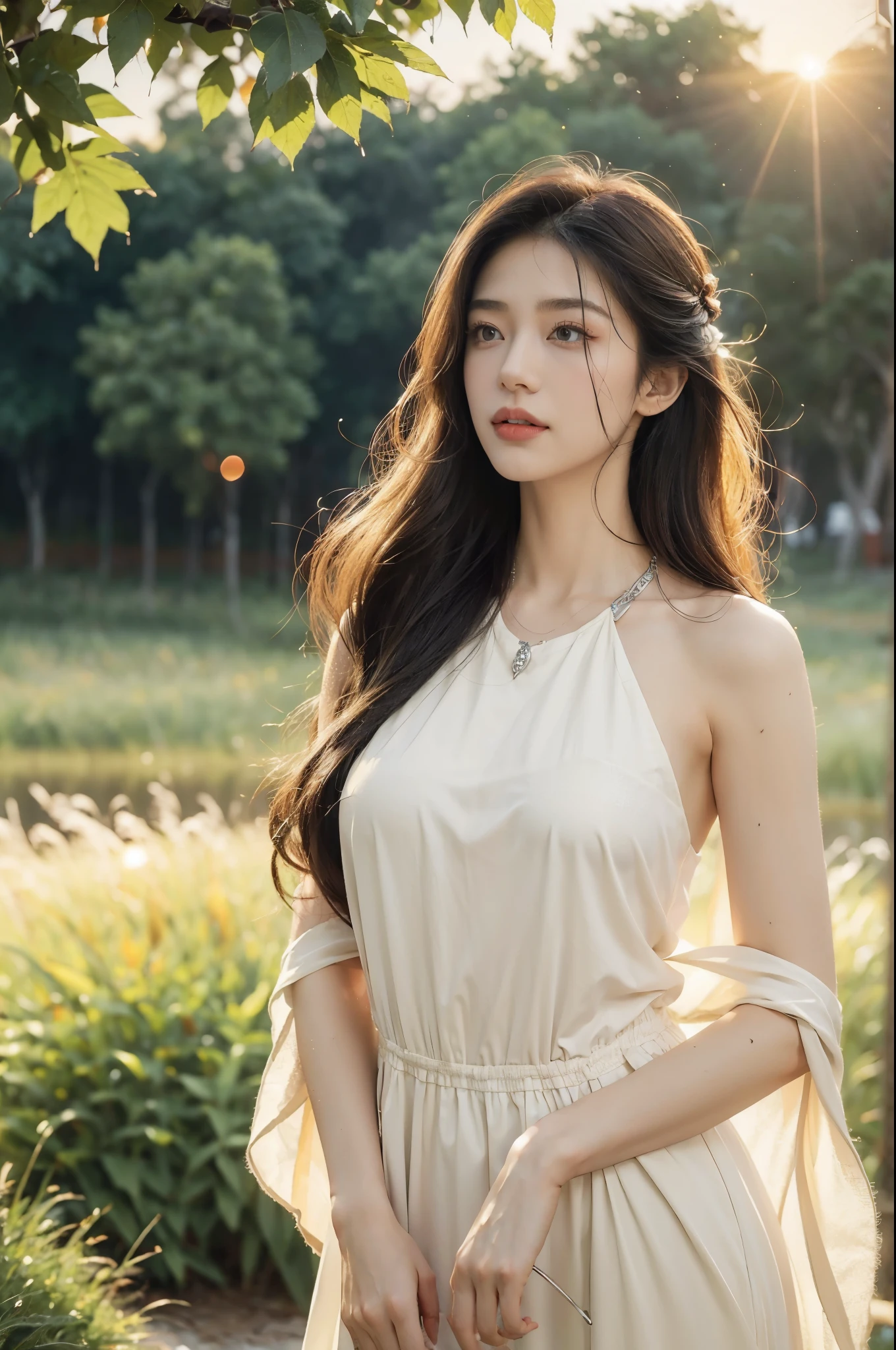 (((best quality))),(((ultra detailed))),(((masterpiece))),illustration,1 beautiful girl,solo,slim,thin,flat chest,shoulder length straight bob hair,flowing hair,fair skin,sparkling eyes,cherry red dress,delicate silver necklace,lush green grass,dewdropletts,lush trees,bird chirping,rustling leaves,brilliant sky,rising sun,shimmering shadows,serenity,gratitude,awe,wonders of nature,peace,contentment,magnificent world,summer,(sunrise:1.5),(dawn:1.5),upper body,from front,after rain,wet,standing