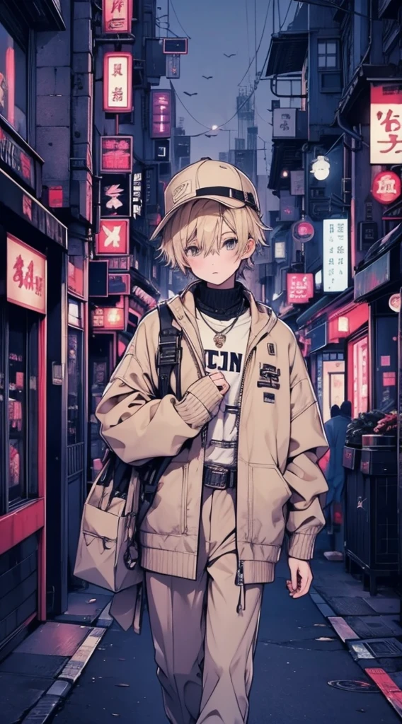 7Boy、Fashionable clothes、Beige clothes、Futuristic cityscape、night