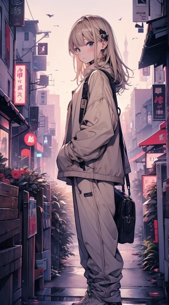 7Boy、Fashionable clothes、Beige clothes、Futuristic cityscape、night