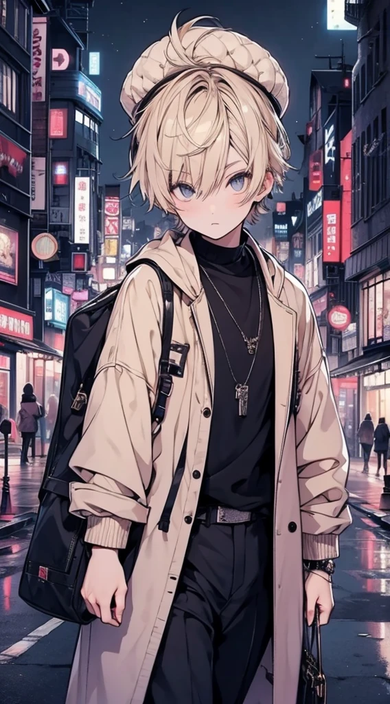 7Boy、Fashionable clothes、Beige clothes、Futuristic cityscape、night