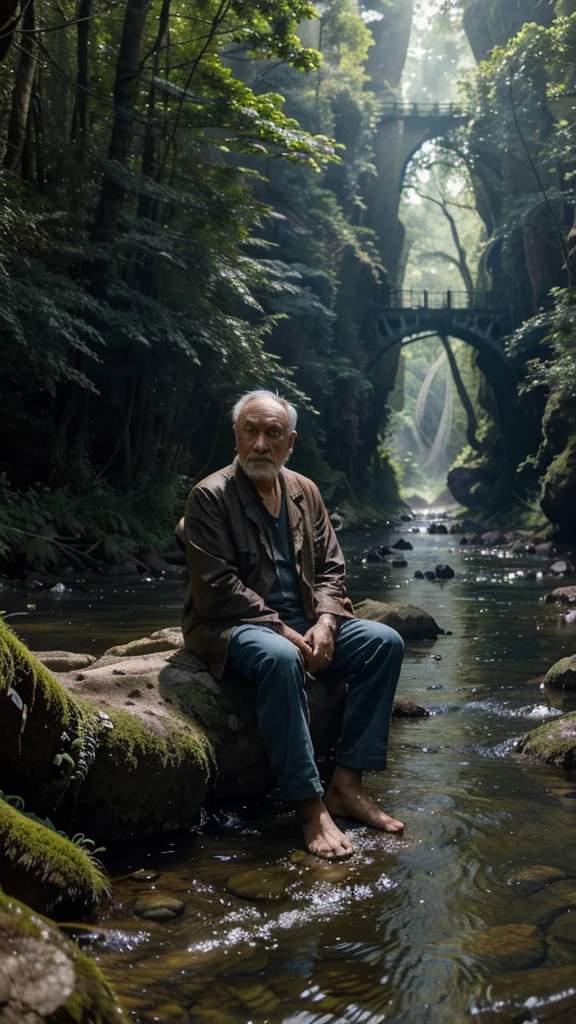 Devastated and feeling hopeless, Kai left the island and wandered into the nearby forest, There, he met a wise old man who was sitting by a stream, headshot of the wise old man sitting by the stream, 4k realistic imagery, blue scenery like a movie scene, old american setting, inspired by blade runner movie scene, blue tone, 9:16 aspect ratio
