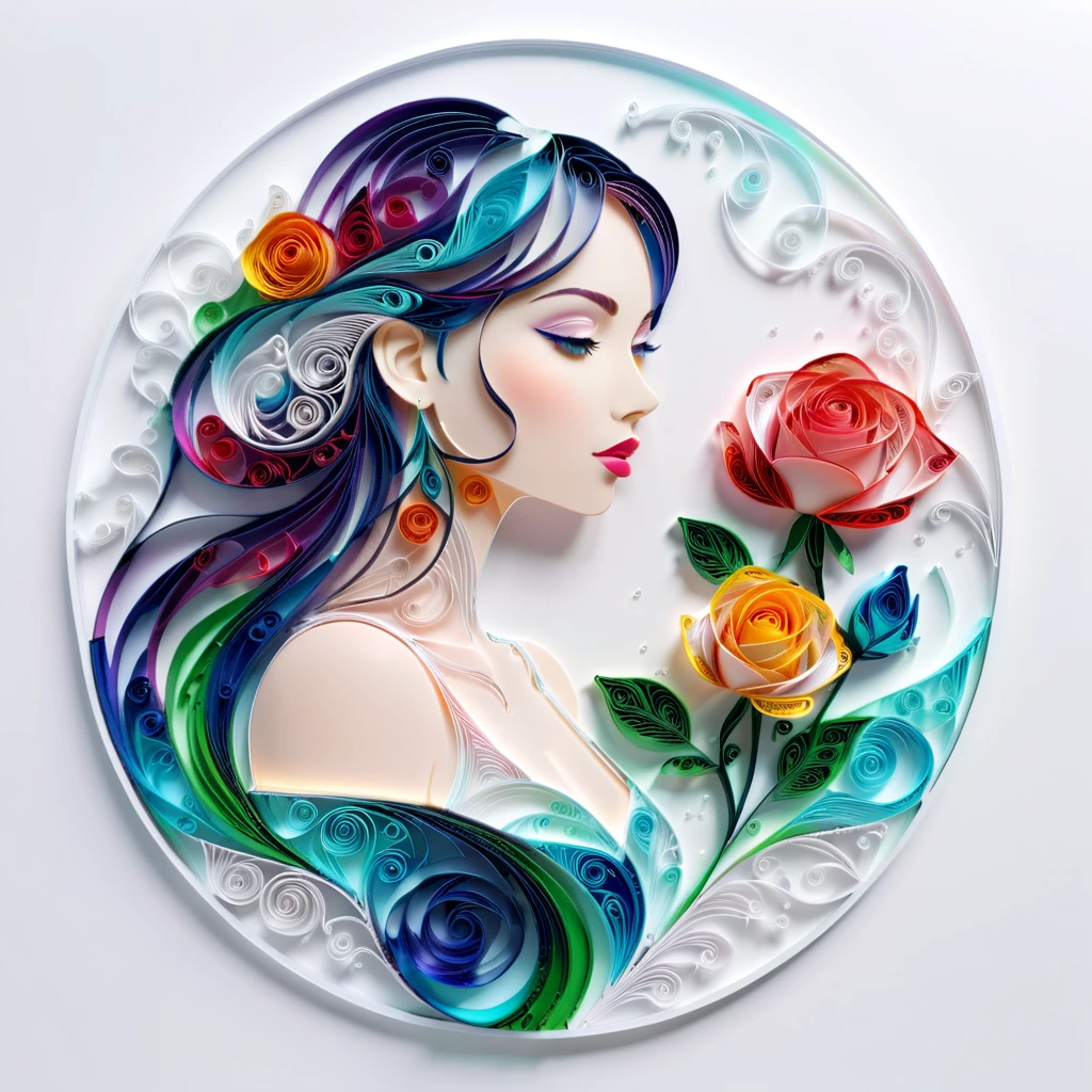 (hologram:1.5),transparent glass, Silhouette of a beautiful woman,colorful rose,in the winter,White background,paper art,quilling paper art,tangle, geomerdade,3D rendering, cinematic lighting effects
