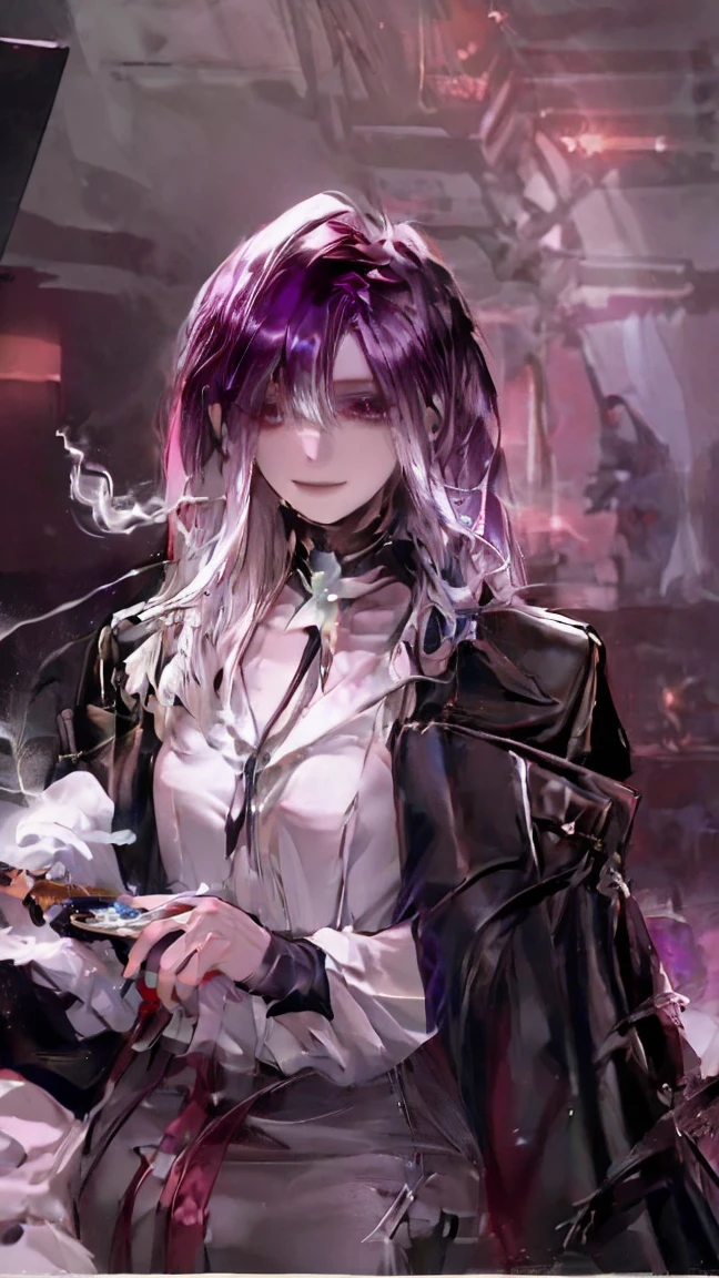 (extremely detailed 8K wallpaper),(ultra-detailed),(best quality),(masterpiece),(highly detailed),(cinematic lighting),(Original),Cold light，ink style，, smoking pipe holding a long smoking pipe, purple with white hair，((Beautiful adult woman))，((slight smirk face))，, adult woman, office, two black snakes at the background