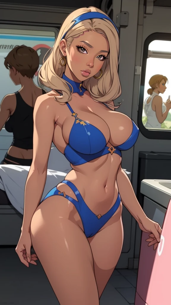 masterpiece, Highest quality, 1 person,( Large Breasts,Are standing, View your viewers,),Detailed Background、A person who writes in detail、Accurate human body、Knowledgeable person、Accurate 5 fingers,Mature Woman,Thighsが太い,Curvy Body,Cyclone \(Just once\),Thighs、alone,((All Samus, Blonde, Blue crop top, Blue Dolphin Shorts, Exposing shoulders, abdomen,)),((Absolute area)),Method TranT, (train interior), netorare, chikan, grabbing, hetero, pussy juices, molestation, public indecency, public use, fingering, 2 faceless male, assisted exposure