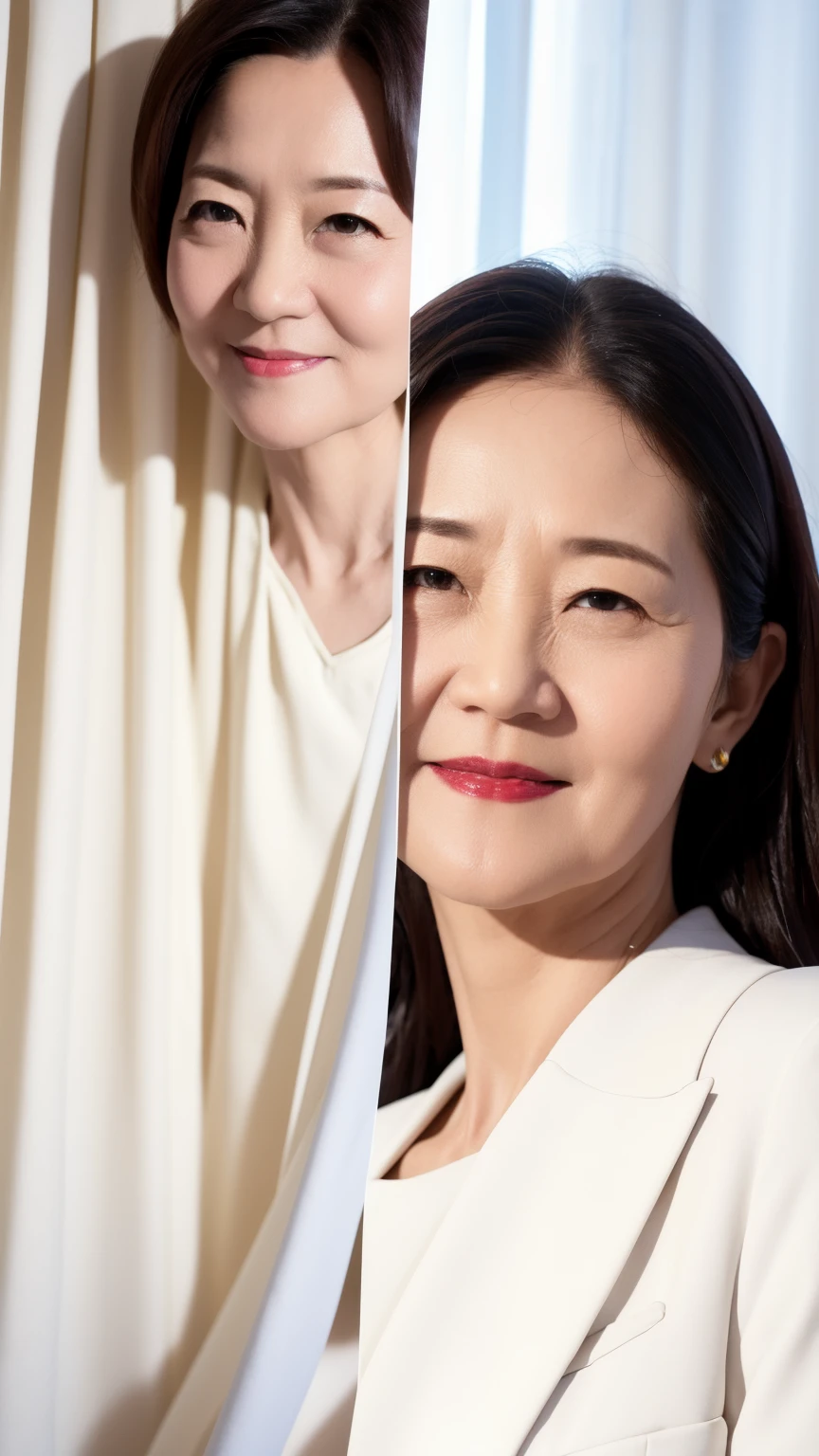 60-year-old female, Soft headlight,High-density imaging,(Clean and delicate face),((White suit)),((Various dynamic poses)),((((Half-length photo)))),((White curtains in the background)),best quality,masterpiece,(Soft colors:1.2)
