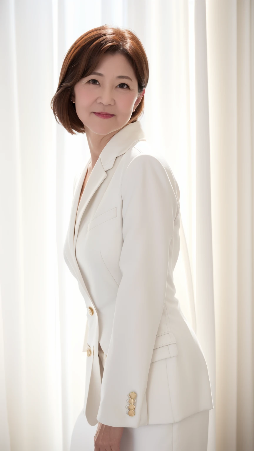 60-year-old female, Soft headlight,High-density imaging,(Clean and delicate face),((White suit)),((Various dynamic poses)),((((Half-length photo)))),((White curtains in the background)),best quality,masterpiece,(Soft colors:1.2)