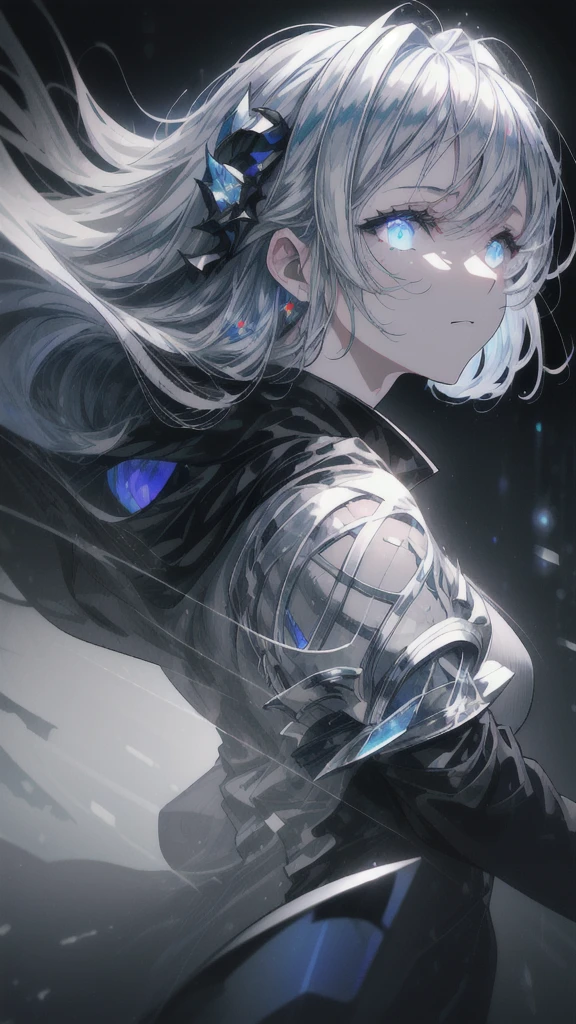 a girl with long messy silver hair with blue strike, cold smile, glowing eyes, detailed facial features, intricate clothing, atmospheric lighting, cinematic composition, dark fantasy, moody, dramatic, (best quality,4k,8k,highres,masterpiece:1.2),ultra-detailed,(realistic,photorealistic,photo-realistic:1.37),HDR,UHD,studio lighting,ultra-fine painting,sharp focus,physically-based rendering,extreme detail description,professional,vivid colors,bokeh,portraits