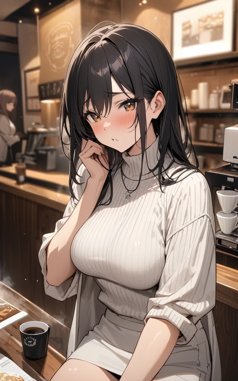 (masterpiece, Highest quality:1.2), Mature Woman、Married Woman、40 years old、Black long hair、{wrinkle}、White tight sweater、{Flesh-colored jacket}、White short skirt、Coffee shop