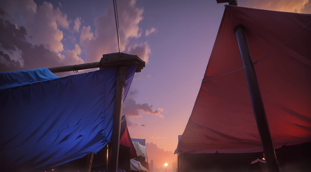 (under tarp canopy, wooden pole, under the market tents, under the canopies), wire, (buildings roofs farr away), low angle, dawn sky, early morning,