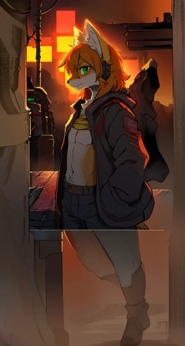 Standing, fullbody, a cyberpunk fox girl, fursona art, 1 girl, detailed facial features, beautiful detailed eyes, beautiful detailed lips, extremely detailed face, longeyelashes, cyberpunk jacket, dynamic pose, futuristic cyberpunk city, neon lights, glowing details, digital painting, concept art, anime style, 8k, highly detailed, photorealistic, volumetric lighting, cinematic lighting, vibrant colors, atmospheric, moody, inspired by Toshiyuki Inoue