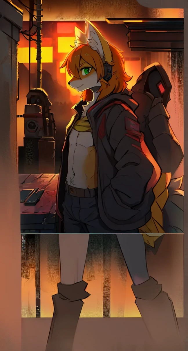 Standing, fullbody, a cyberpunk fox girl, fursona art, 1 girl, detailed facial features, beautiful detailed eyes, beautiful detailed lips, extremely detailed face, longeyelashes, cyberpunk jacket, dynamic pose, futuristic cyberpunk city, neon lights, glowing details, digital painting, concept art, anime style, 8k, highly detailed, photorealistic, volumetric lighting, cinematic lighting, vibrant colors, atmospheric, moody, inspired by Toshiyuki Inoue