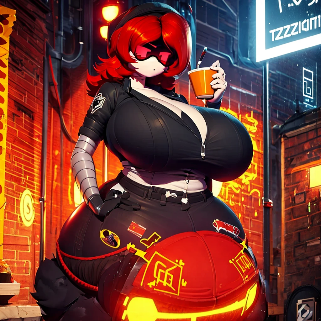 score_9, score_8_up, score_7_up, score_6_up, source_anime, BREAK, worker drone, viser, glowing eyes, orange eyes, red hair, big hair, cap, round glasses, hyper breasts, wide hips, standing, hyper thighs, (gigantic thighs:1), hyper bottomheavy, (masterpiece:1), (best quality), (32k), (hdr), (ultra detailed eyes), pizza delivery uniform, (huge breasts:1), hyper breasts