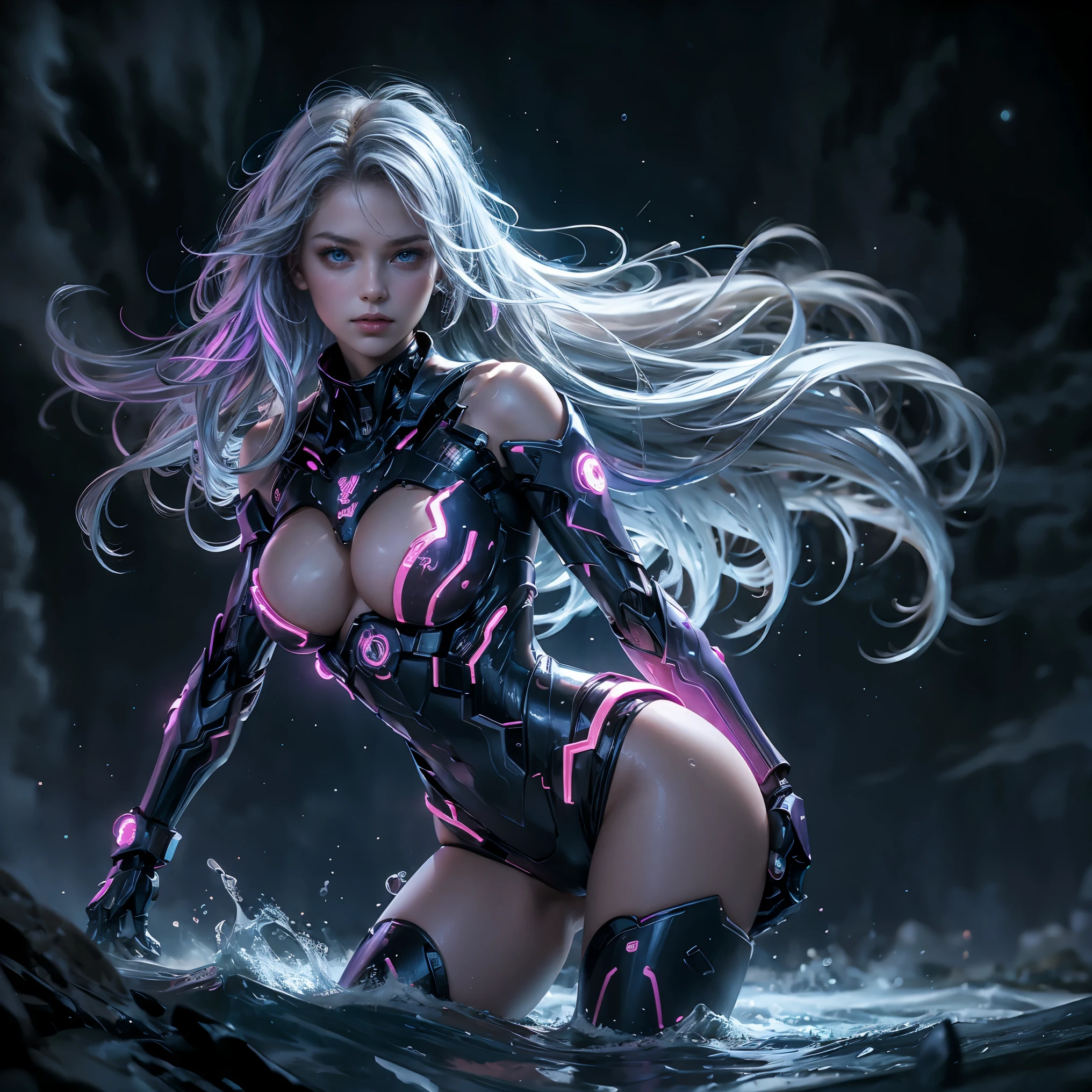 masterpiece, best quality, 1girl, ives , Mecha, beautiful lighting, (Neon light: 1.2), (night: 1.5), "masterpiece, best quality, 1girl, full body portrait, sensual pose, blue eyes, multicolored+silver hair:1.3+red:1.2+purple+yellow:1.3+green:1.3, sculpted legs and tempting curves, full breasts, pretty face, lots of water drops, cloud, Twilight, open shot, Watercolor, Neon light: 1.2, night:1.5, Mecha, beautiful lighting, bright neon light: 1.2, unforgettable mysterious night: 1.5"