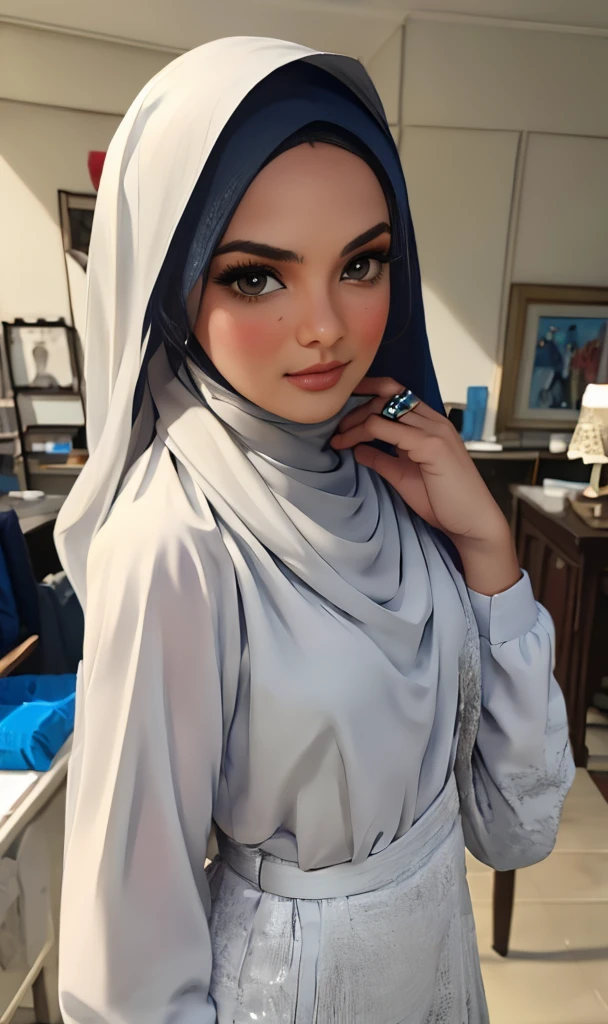 A picture of the artist Shadia, veiled and wearing white