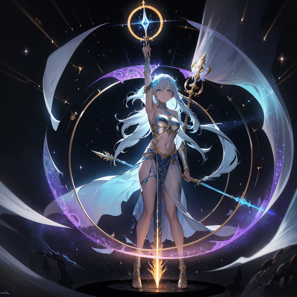 Picture a medieval fantasy scene where a Soul Spear, forged from ethereal essence and shimmering with radiant energy, hovers above an ancient pedestal in a mystical chamber. The spear's shaft is translucent, like spun moonlight, with faint wisps of spectral mist swirling within. Its crystalline tip, adorned with intricate runes that glow with a soft, pulsating light, exudes an aura of ancient wisdom and arcane power. The chamber around it is adorned with celestial symbols and celestial motifs, reflecting a solemn yet awe-inspiring atmosphere. Shadows dance around the room, as if the spear itself is calling out to those who seek both its protection and its power in the medieval fantasy realm."