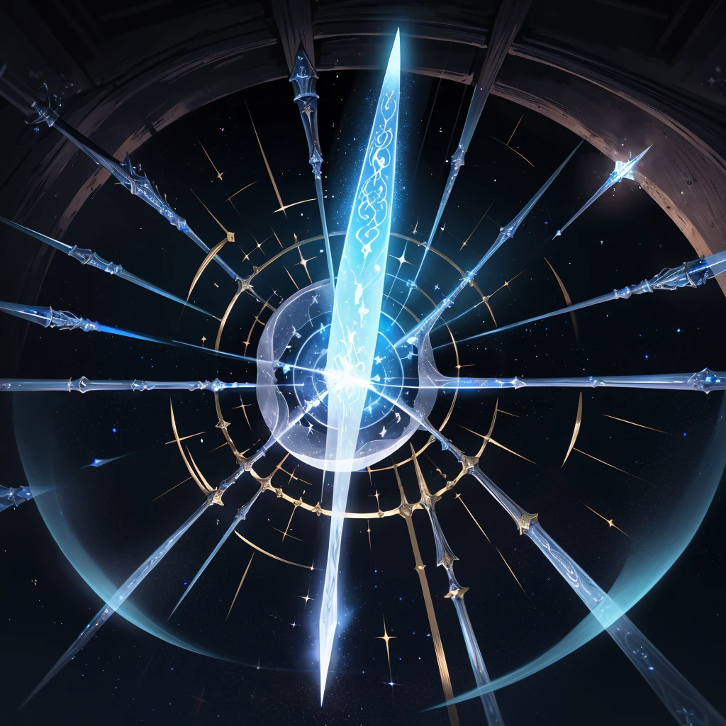 Picture a medieval fantasy scene where a Soul Spear, forged from ethereal essence and shimmering with radiant energy, hovers above an ancient pedestal in a mystical chamber. The spear's shaft is translucent, like spun moonlight, with faint wisps of spectral mist swirling within. Its crystalline tip, adorned with intricate runes that glow with a soft, pulsating light, exudes an aura of ancient wisdom and arcane power. The chamber around it is adorned with celestial symbols and celestial motifs, reflecting a solemn yet awe-inspiring atmosphere. Shadows dance around the room, as if the spear itself is calling out to those who seek both its protection and its power in the medieval fantasy realm."