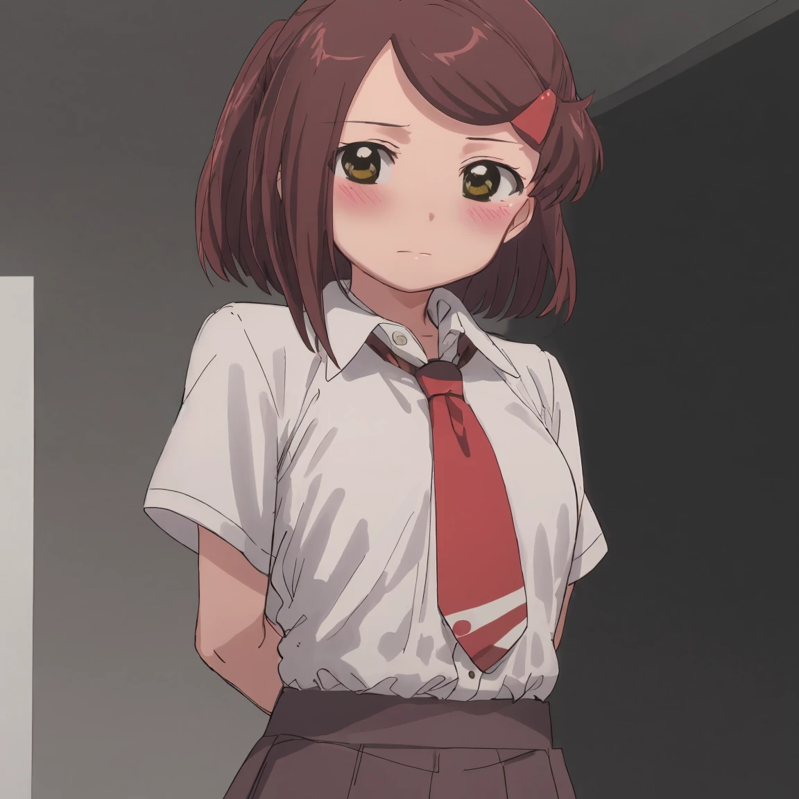 1girl, (suminoe_ako:1.3), standing, solo, blush, upper body, closed mouth, skirt, white shirt, (red necktie:1.0), looking at viewer, (brown:1.0), short sleeves, arms behind back