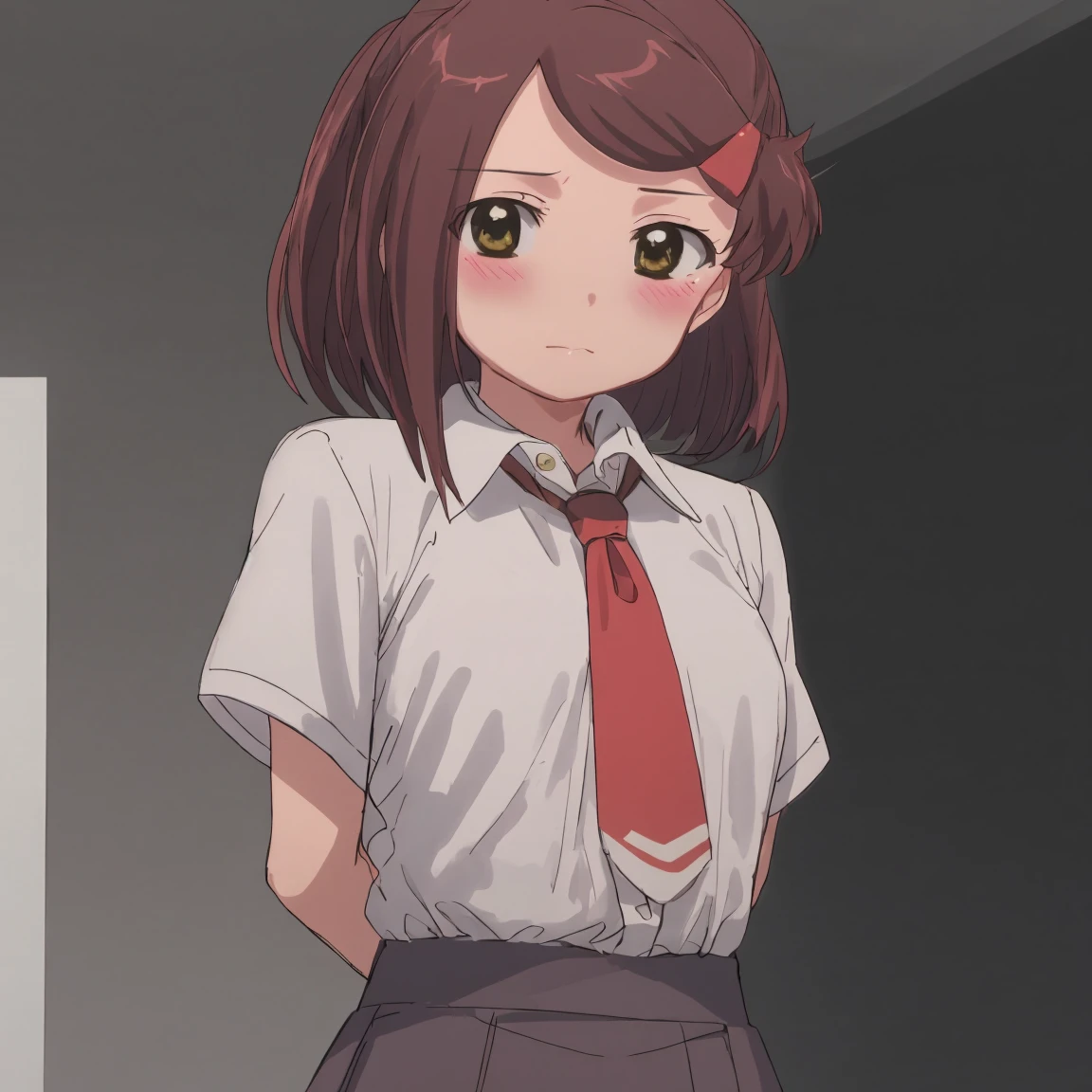 1girl, (suminoe_ako:1.3), standing, solo, blush, upper body, closed mouth, skirt, white shirt, (red necktie:1.0), looking at viewer, (brown:1.0), short sleeves, arms behind back