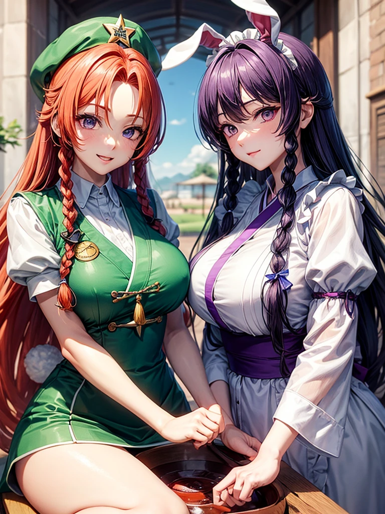 Sakuya's Sisters (Meiling and Hong Meiling): Both sisters wear maid outfits with white aprons and hats. BREAK Hong Meiling has purple hair, BREAK while Meiling has red hair. Reisen Udongein Inaba: Reisen, a moon rabbit, is recognized by her purple eyes and long purple hair. Her ears are large and erect, and she sometimes uses a rabbit ear barrier. She typically wears a light purple kimono.