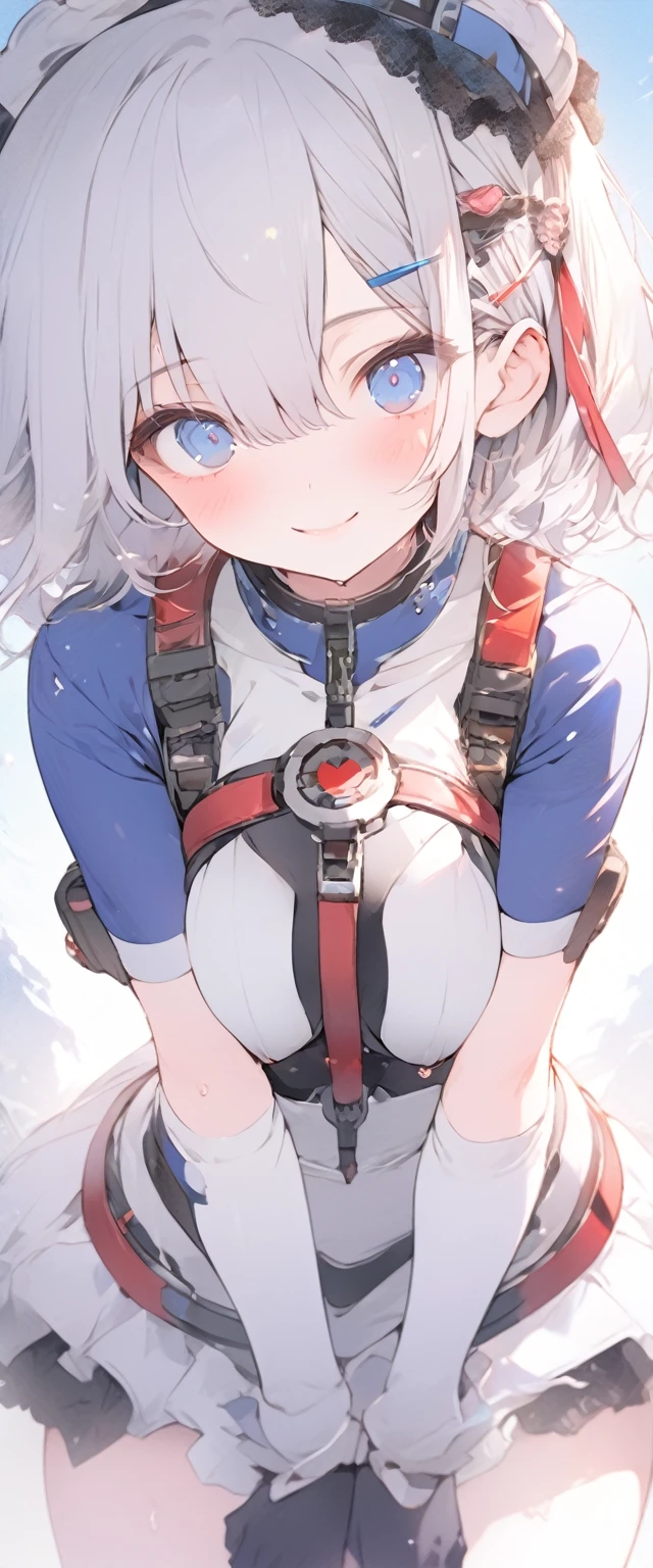 beautiful, masterpiece, Highest quality, anime, One girl, C Cup,Portrait Shot, View your viewers, Covered、Short Hair、nearby、Blue Eyes、art、、White hair,Blue streaked hair、hairpin、Cute smile、Thighs、Cute、blue sky、Beautiful breasts、Full Harness、valley、Sweat、Under Harness、Body Harness、Tightening、Penetration、Plainer_Sci-fi combat uniform、Plainer_Sci-fi underskirt、pierced