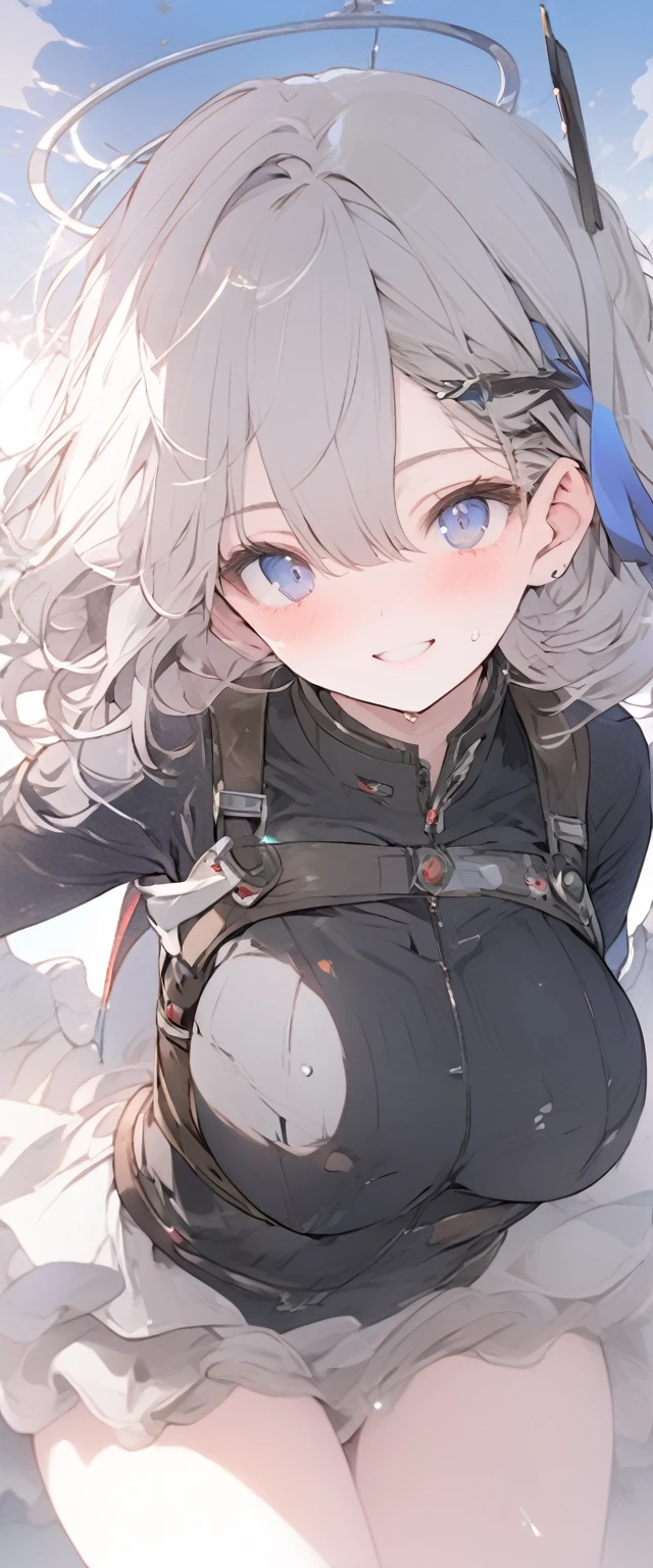 beautiful, masterpiece, Highest quality, anime, One girl, C Cup,Portrait Shot, View your viewers, Covered、Short Hair、nearby、Blue Eyes、art、、White hair,Blue streaked hair、hairpin、Cute smile、Thighs、Cute、blue sky、Beautiful breasts、Full Harness、valley、Sweat、Under Harness、Body Harness、Tightening、Penetration、Plainer_Sci-fi combat uniform、Plainer_Sci-fi underskirt、pierced