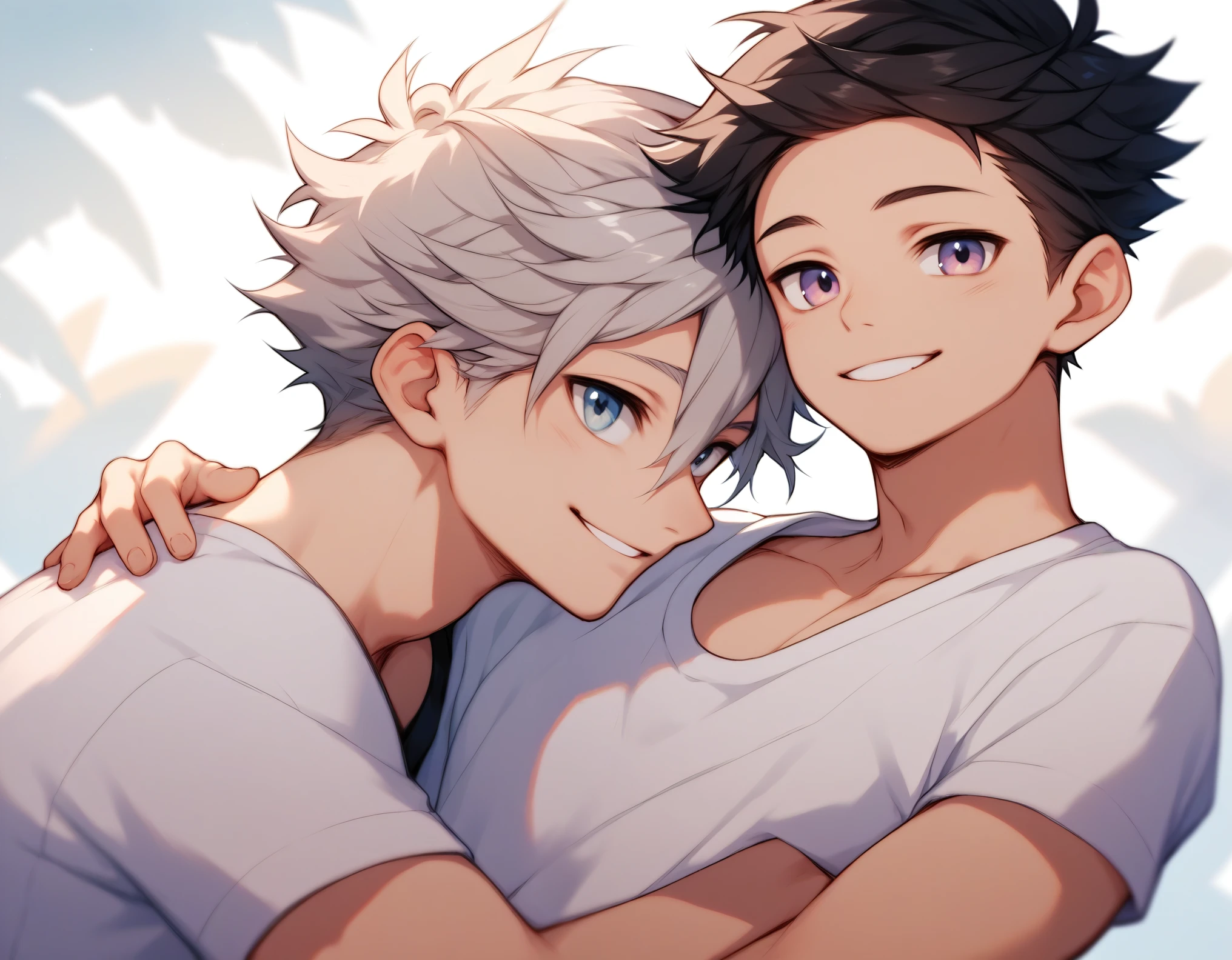 score_9, score_8_up, score_7_up, score_6_up, score_5_up, score_4_up,2boy,male only,cute boy and Handsome,eye contact,A gentle gaze,Silver Hair and Black Hair,t-shirt,hug,happy smile