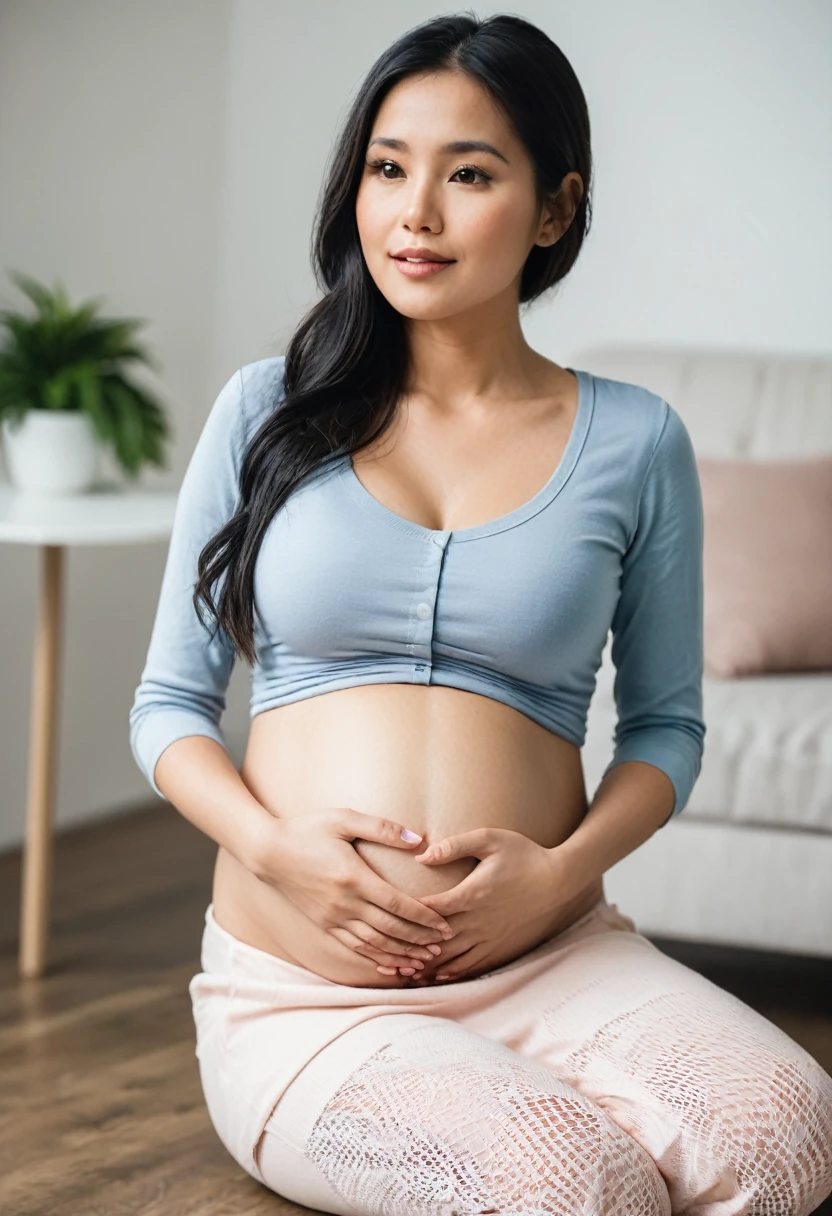 Beautiful pregnant woman sitting while spilling her stomach