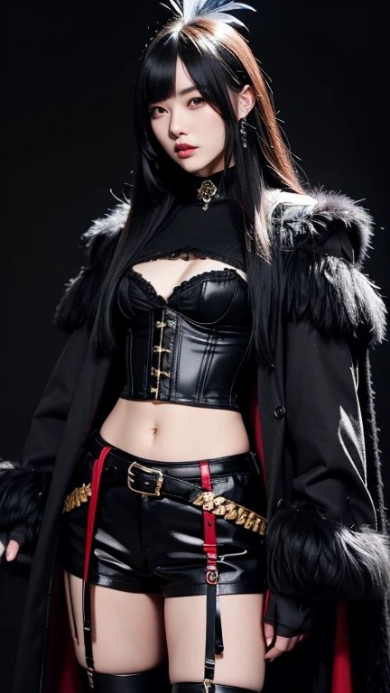 It has one black and gold feather、woman、Wearing a black corset、Wearing black shorts、He wears two red belts around his waist.、Wearing long black boots、Wearing a long black coat、Wearing flashy sleeves and gloves、One eye is hidden
