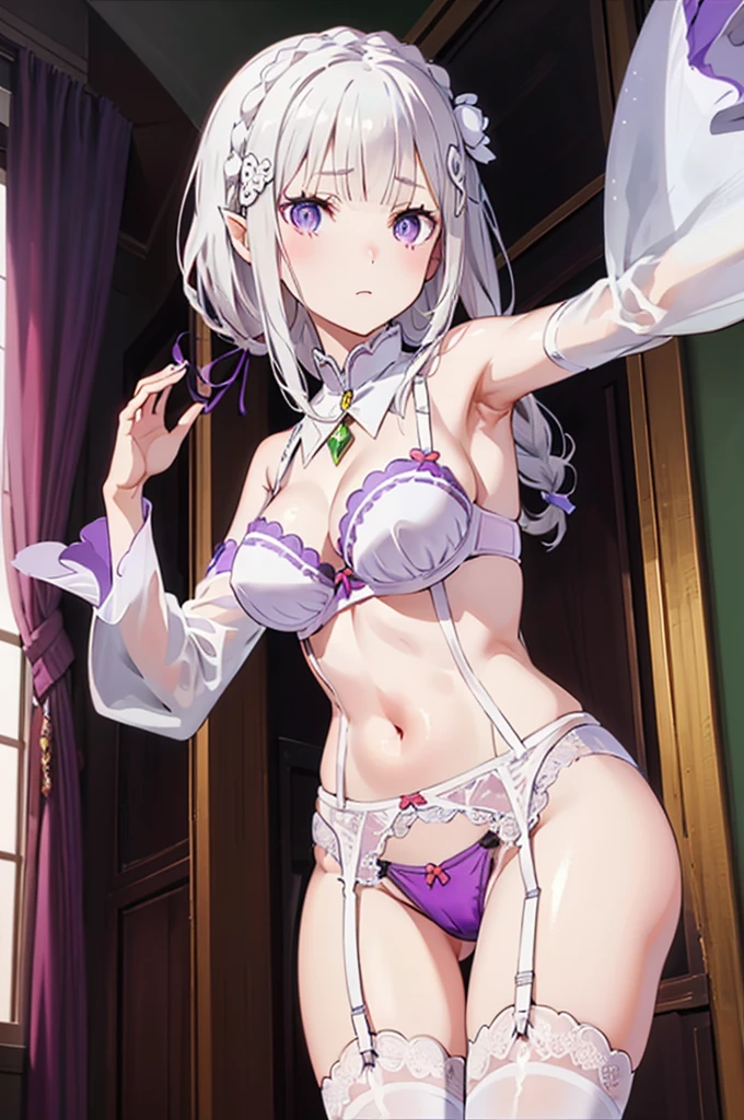 1girl, perfect anatomy, correct anatomy, 
best illustration, masterpiece, best quality, (anime screencap:0.8), (official art:0.7), detailed beautiful face and eyes, long hair, low-tied long hair, braid, crown braid, animate, anime keyvisual, white hair, 
(purple eyes:1.2), (beautiful detailed eyes:1.6),
looking at viewer, 
pointy ears,
pink lingerie,lace-trimmed bra, (garter belt:1.3), thighhighs, cleavage, side-tie panties,(special occasion thong panties:1.3) ,armpits,from below, 
flower, hair flower, hair ornament, hair ribbon, white flower, x hair ornament,
background of indoor, nsfw, 